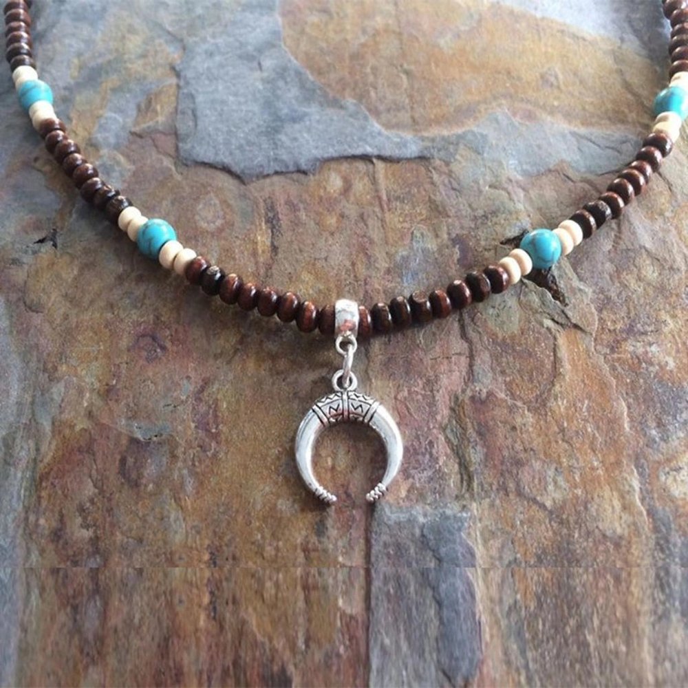 Beaded Wooden Silver Necklace